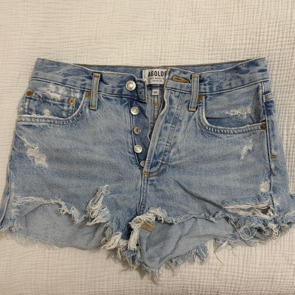 Agolde Light Blue Frayed Denim Shorts